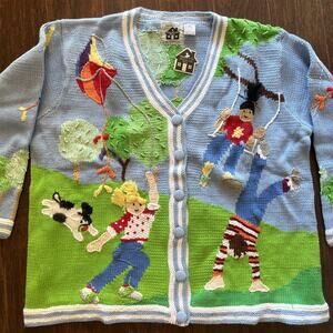NEW VTG STORYBOOK KNITS kids children playing park cardigan sweater 2X Teacher